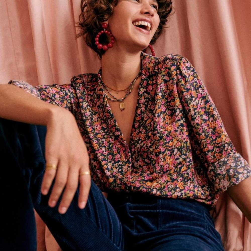 Sezane Floral Button-Down Shirt in Black with Pink and Orange Flowers